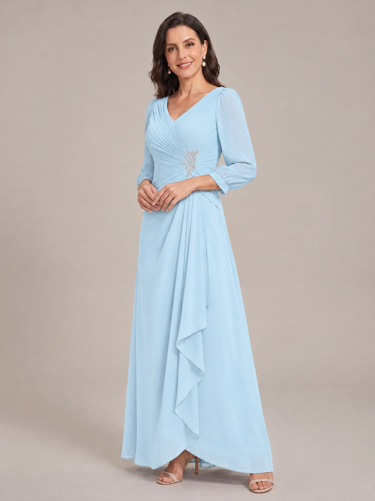 V-Neck Pleated Chiffon Mother of the Bride Dress with Flutter Sleeves