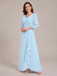 V-Neck Pleated Chiffon Mother of the Bride Dress with Flutter Sleeves
