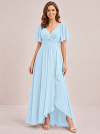 Dusty Blue Chiffon Bridesmaid Dress with Flutter Sleeves & High-Low Hem