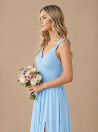 Pleated Chiffon V Neck Wedding Bridesmaid Dresses Floor Length with Slit