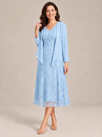 Tea Length Sequin Lace Mother of the Bride Dress with Chiffon Jacket
