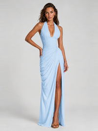 Ruched Halter Neck High-Slit Prom & Evening Dress