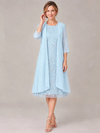 Tea Length Sequin Lace Mother of The Bride Dress with Chiffon Jacket