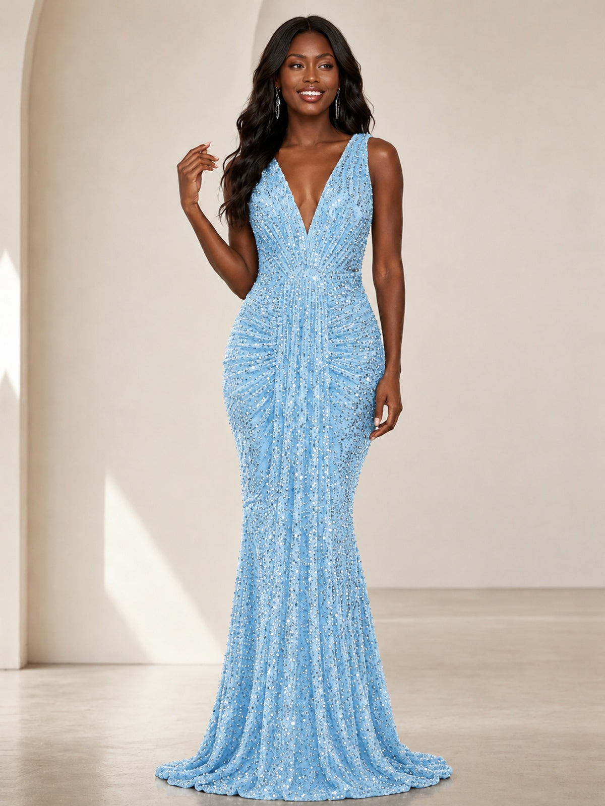 Sequin Mermaid Prom Dress with V-Neck and Ruched Waist