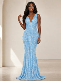 Sequin Mermaid Prom Dress with V-Neck and Ruched Waist
