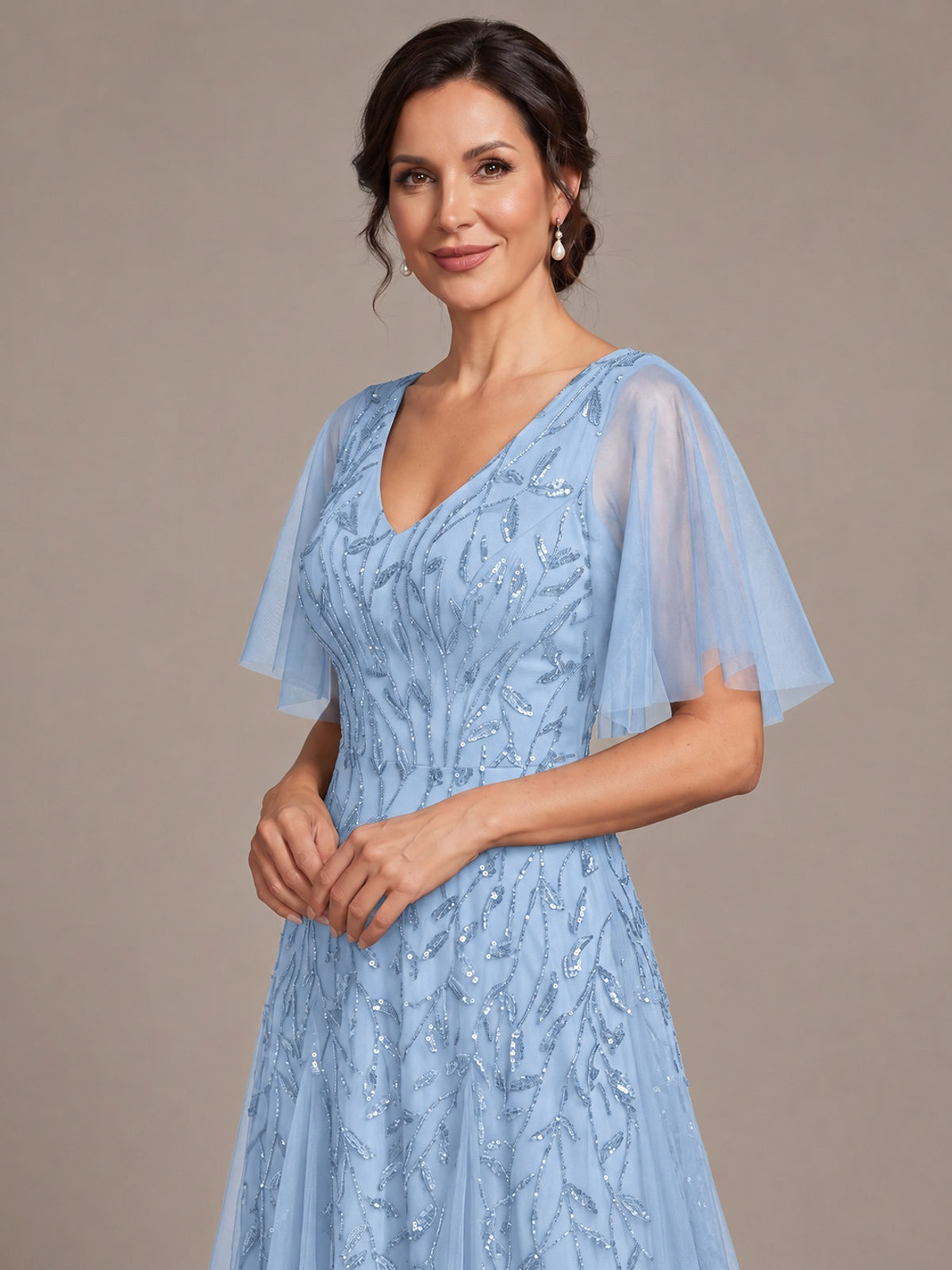 V-Neck Sequin Tulle Mother of the Bride Dress with Flutter Sleeve