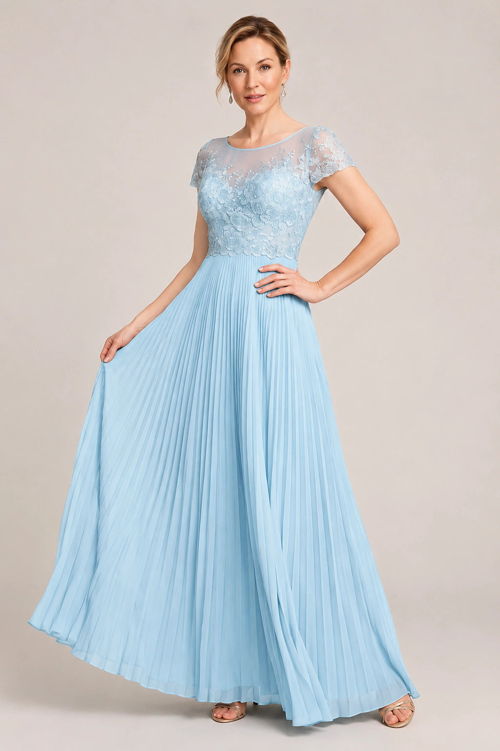Embroidered Lace Pleated Mother of the Bride Dress