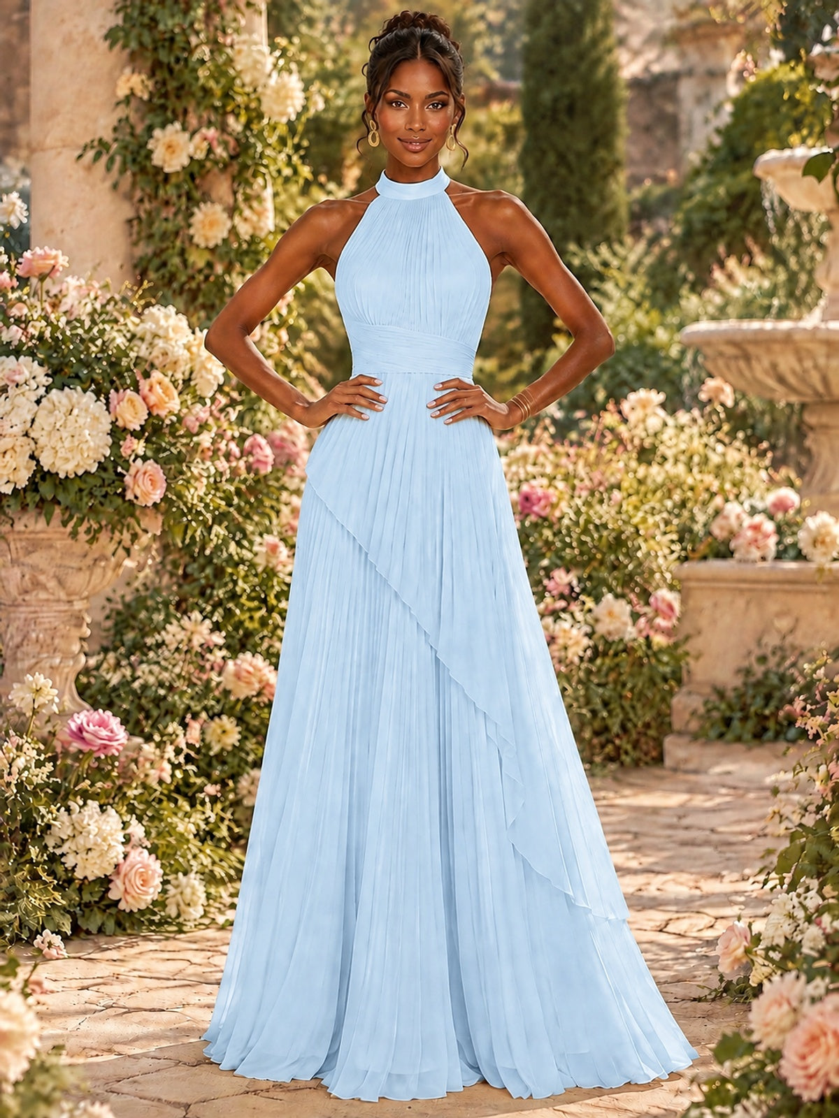 Wrap Pleated Prom Dress Halter A-line Chiffon Formal Wedding Dress