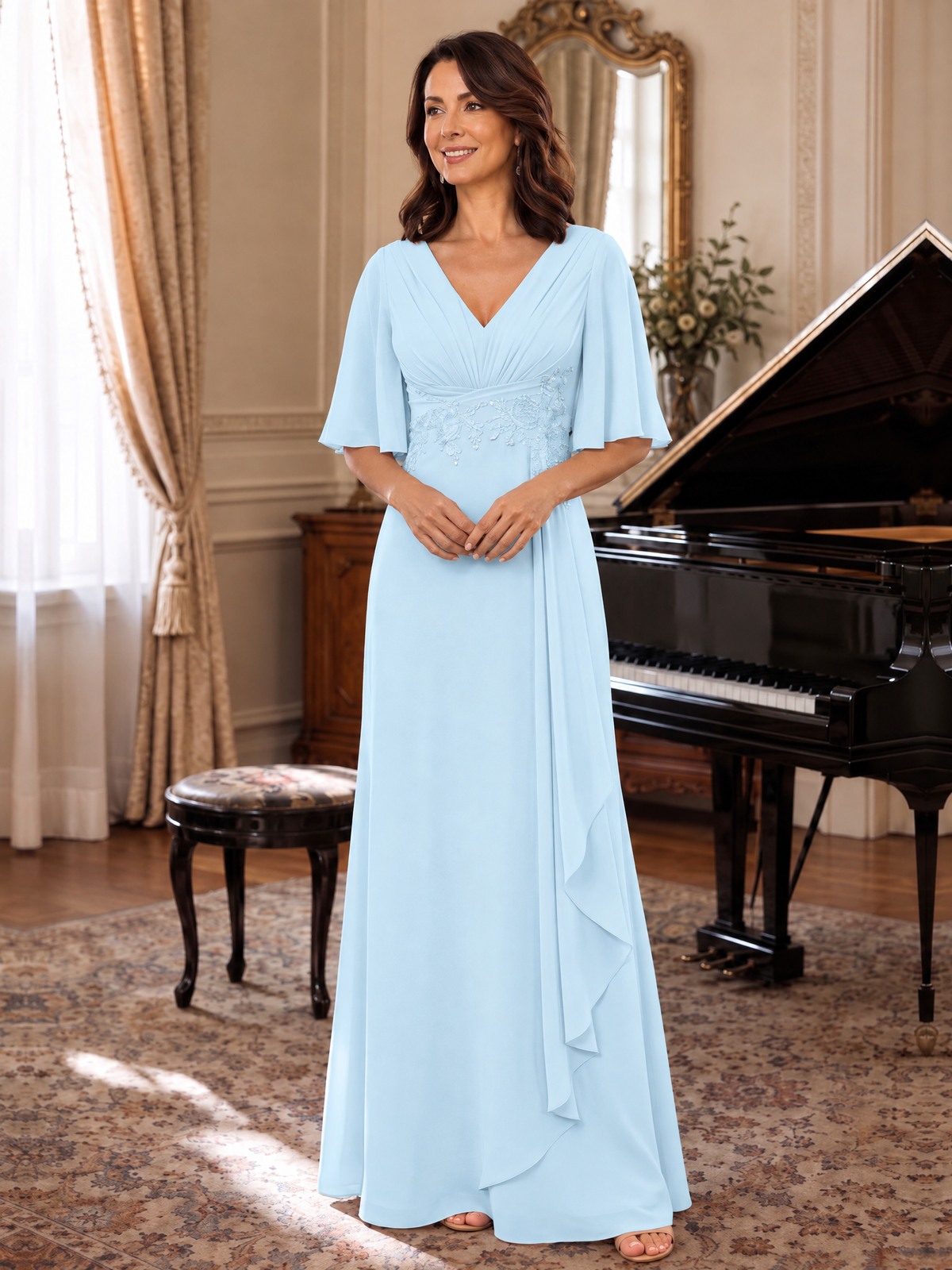 V-Neck Chiffon Lace Mother of the Bride Dresses
