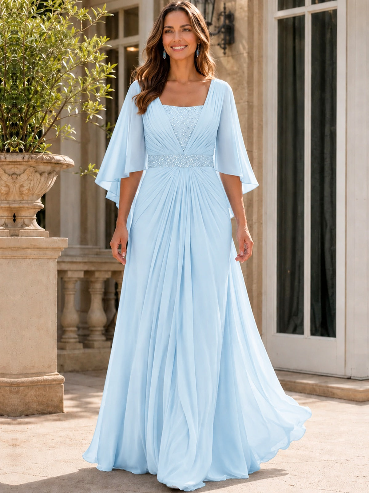 Elegant V-Neck Sequined Chiffon Mother of the Bride Dress with Flutter Sleeves