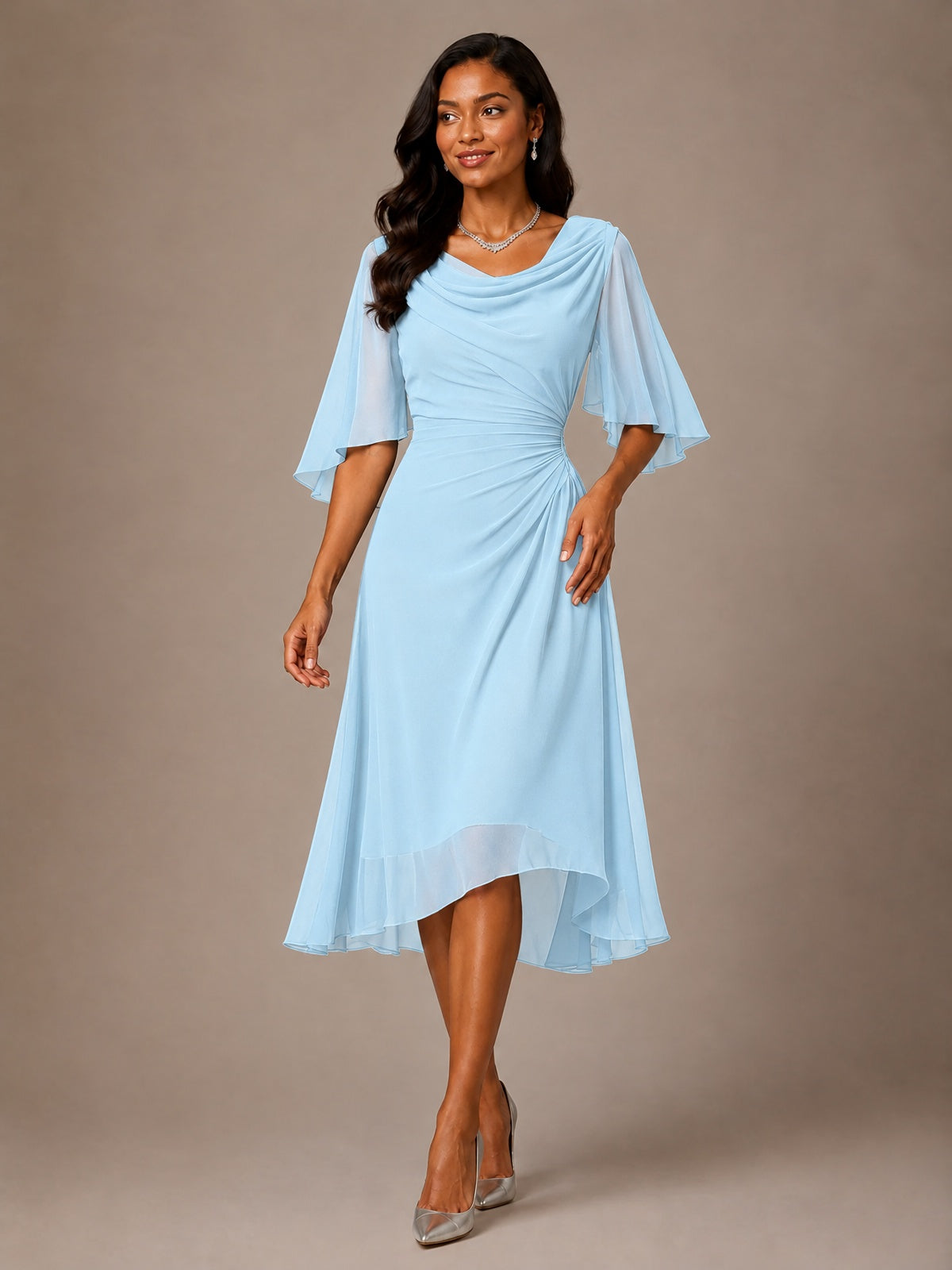 Cowl Neck Ruched Chiffon Mother of the Bride Dresses with Flutter Sleeves
