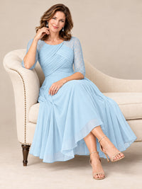 Tea-Length Mother of the Bride Dress with Lace 3/4 Sleeves