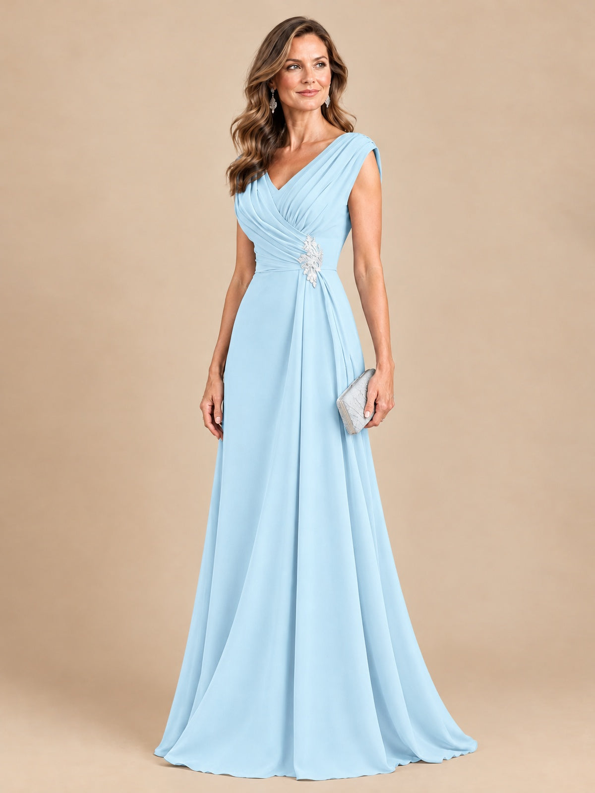V Neck Pleated Mother of The Bride Dresses with Beading Cap Sleeves