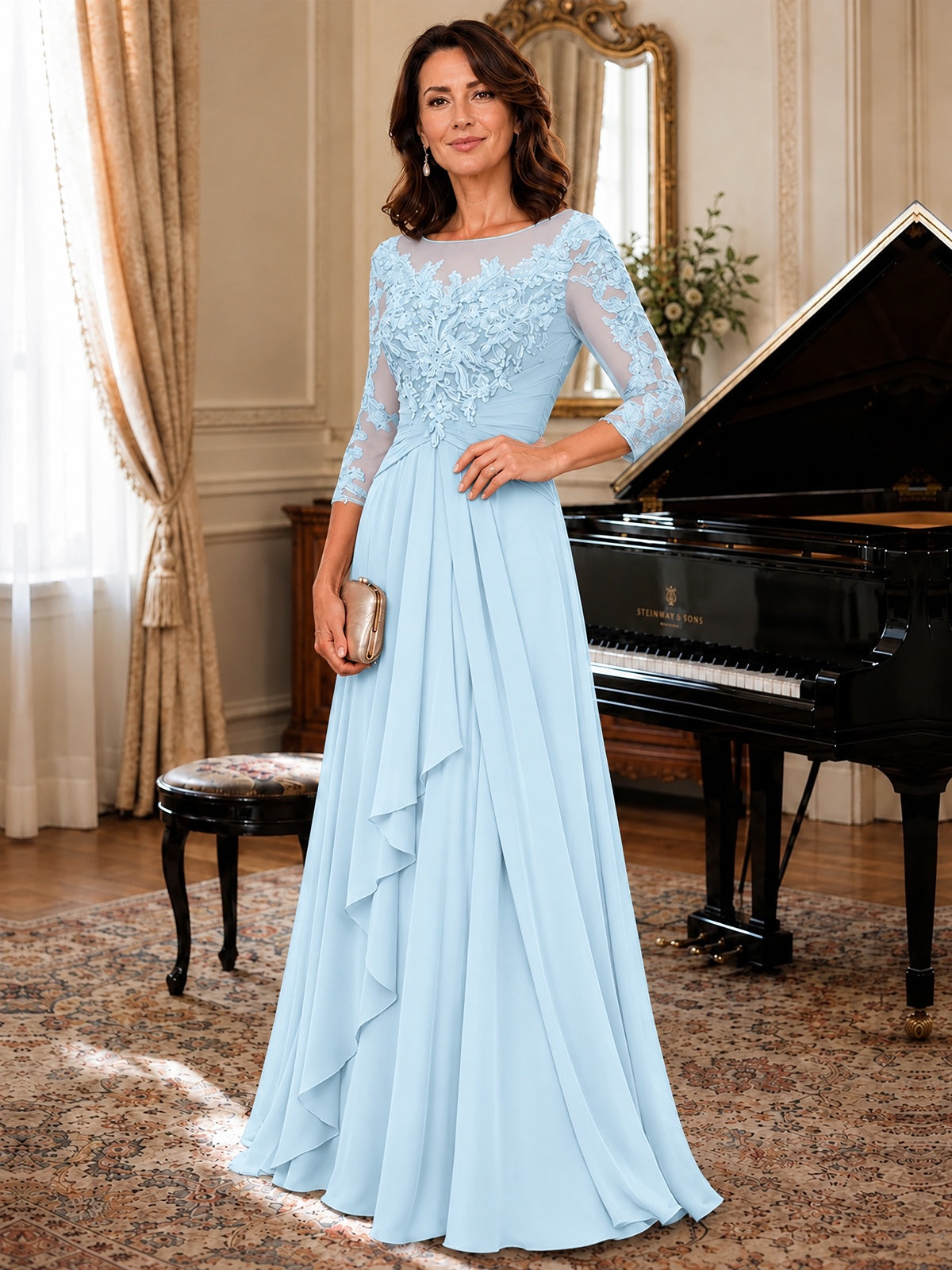 A-Line Chiffon Mother of the Bride Dress with Floral Applique 3/4 Sleeves