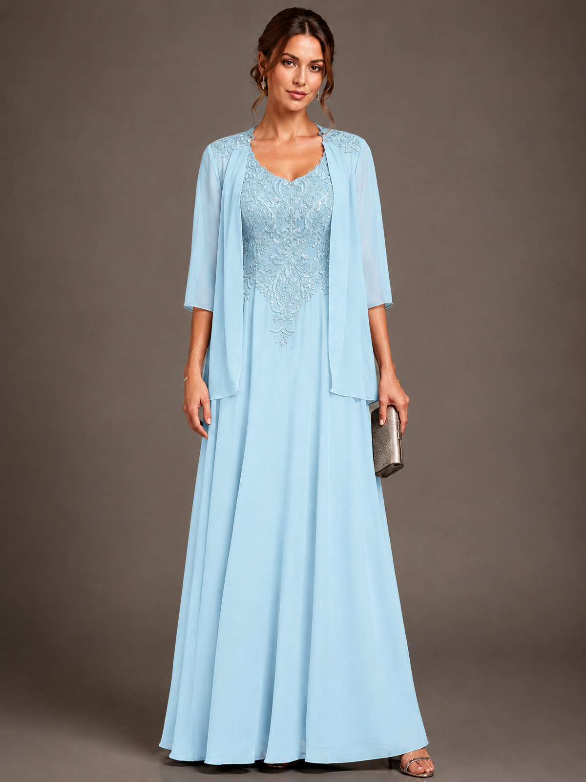 A-line 2 Pieces Chiffon Appliques Mother of The Bride Dresses with Jackets