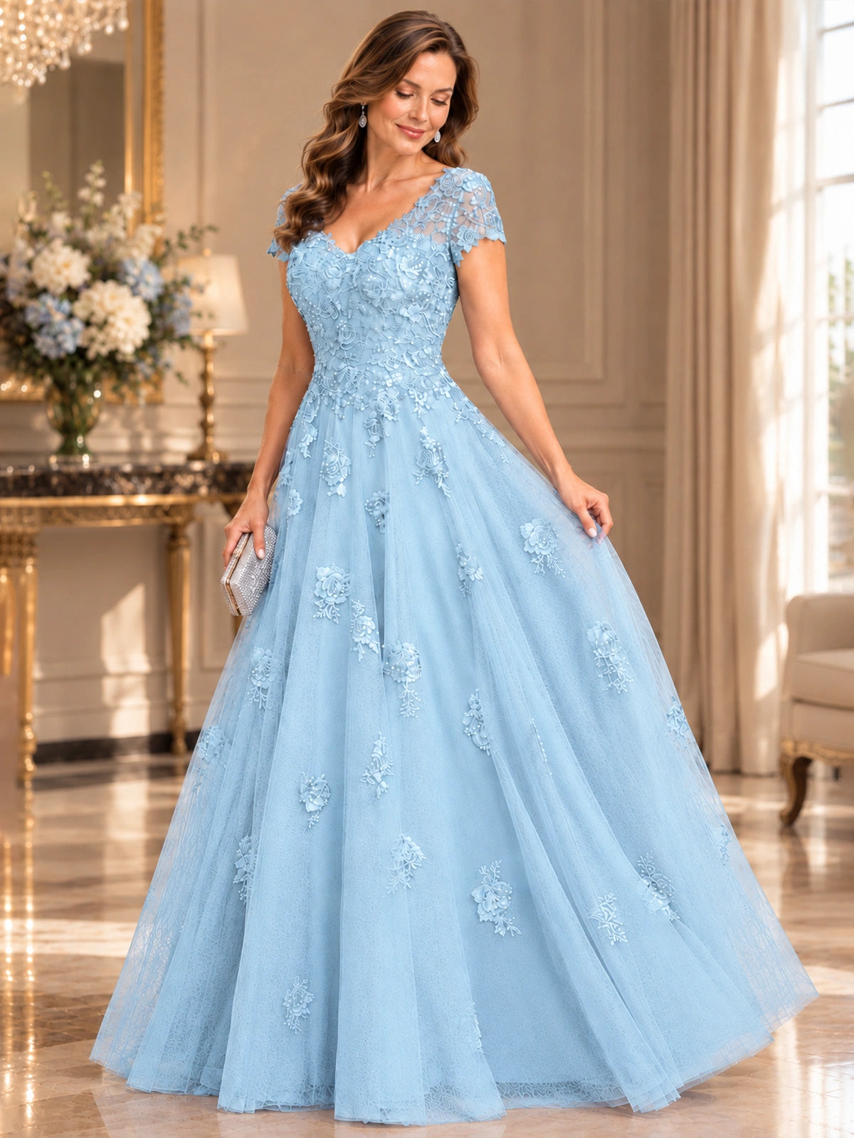 Lace Appliques A-line Mother of The Bride Dresses with Short Sleeves
