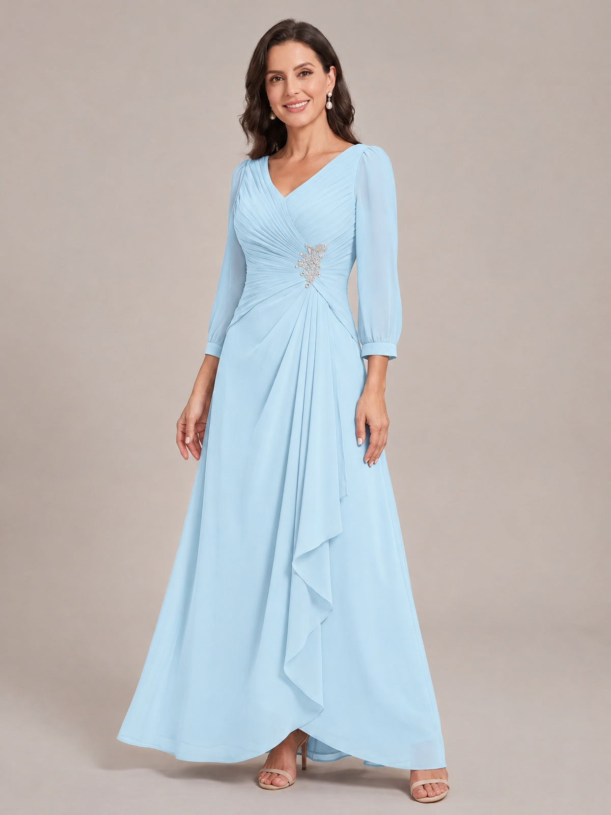 V-Neck Pleated Chiffon Mother of the Bride Dress with Flutter Sleeves