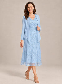 Tea Length Sequin Lace Mother of the Bride Dress with Chiffon Jacket