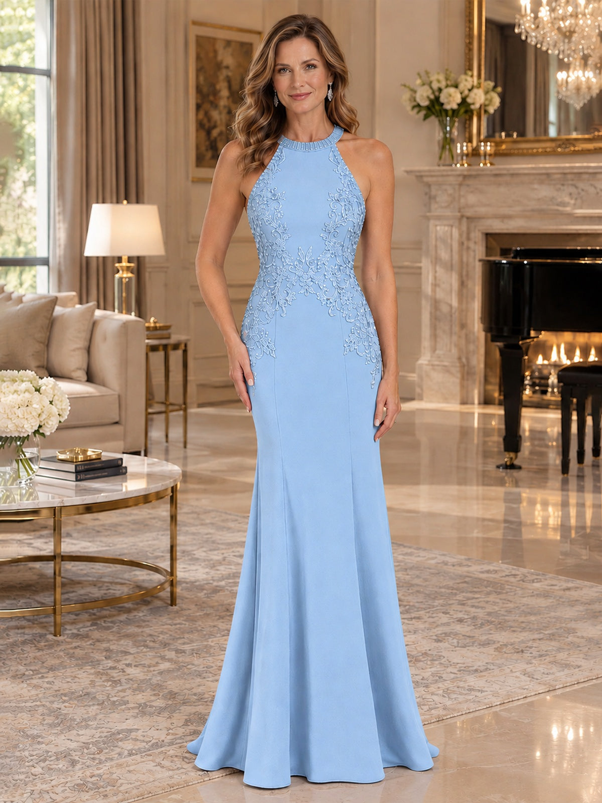 Halter Neckline Lace Appliques Mother of The Bride Dresses