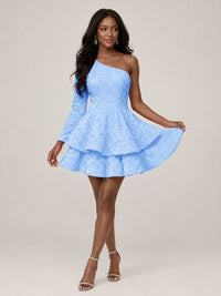 Puffy One Shoulder Sequin Tiered Mini Dress