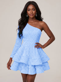 Light Blue One Shouler Sequin Homecoming Dress with Long Sleeve Sparkly Puffy Tiered Mini Prom Dress Cocktail Party Gown