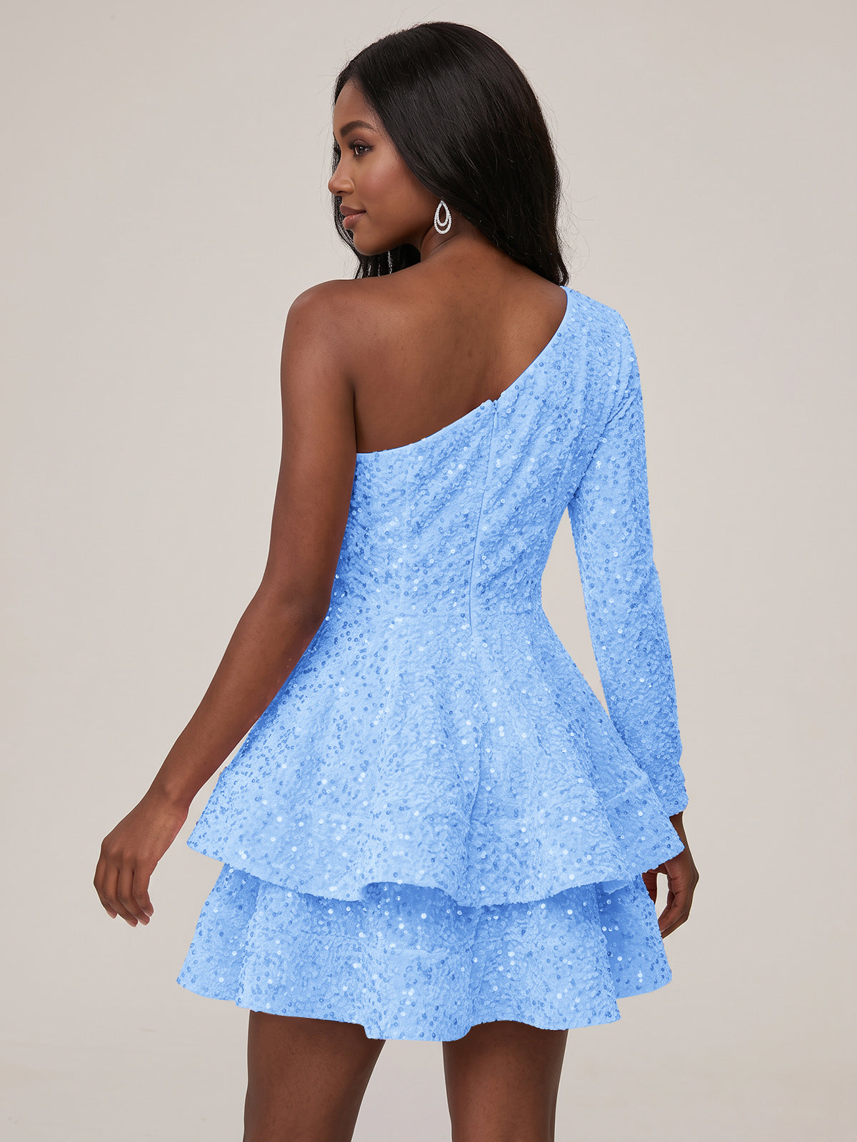 Puffy One Shoulder Sequin Tiered Mini Dress
