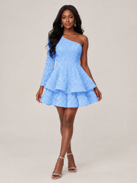 Puffy One Shoulder Sequin Tiered Mini Dress