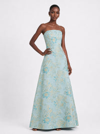Light Blue Floral Jacquard Strapless A-Line Maxi Dress