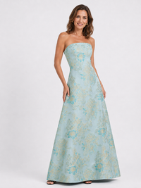 Light Blue Floral Jacquard Strapless A-Line Maxi Dress
