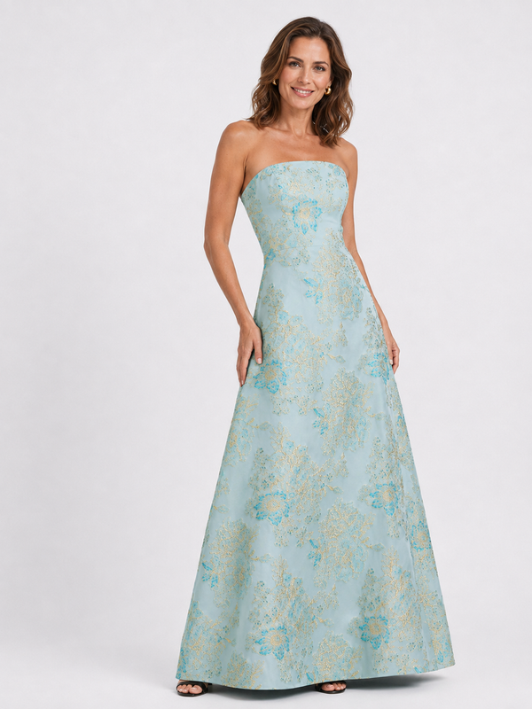 Light Blue Floral Jacquard Strapless A-Line Maxi Dress