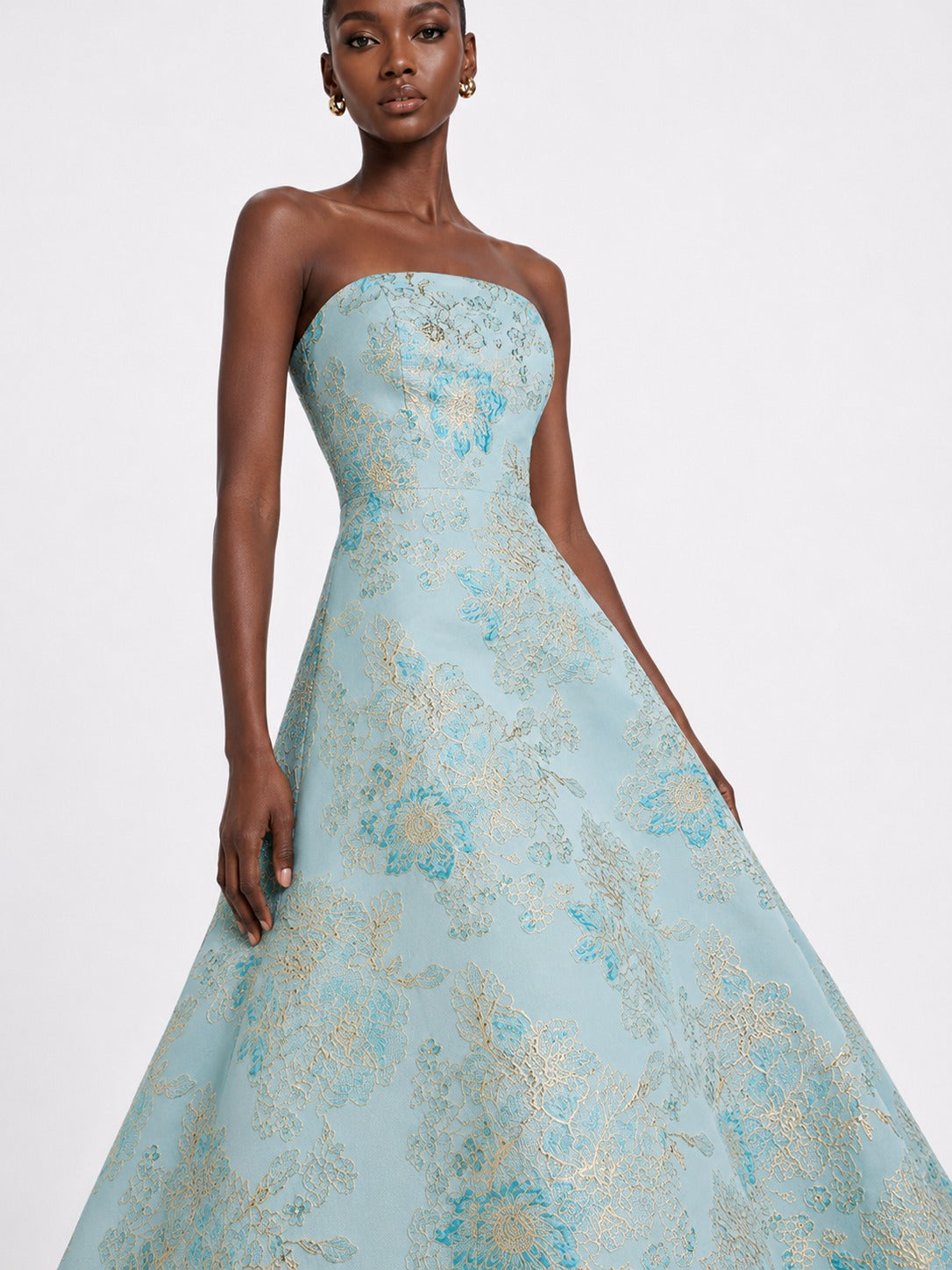 Light Blue Floral Jacquard Strapless A-Line Maxi Dress