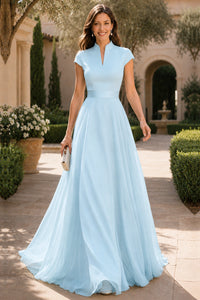 V Neck Cap Sleeve A-Line Floor-Length Satin Bridesmaid Dress