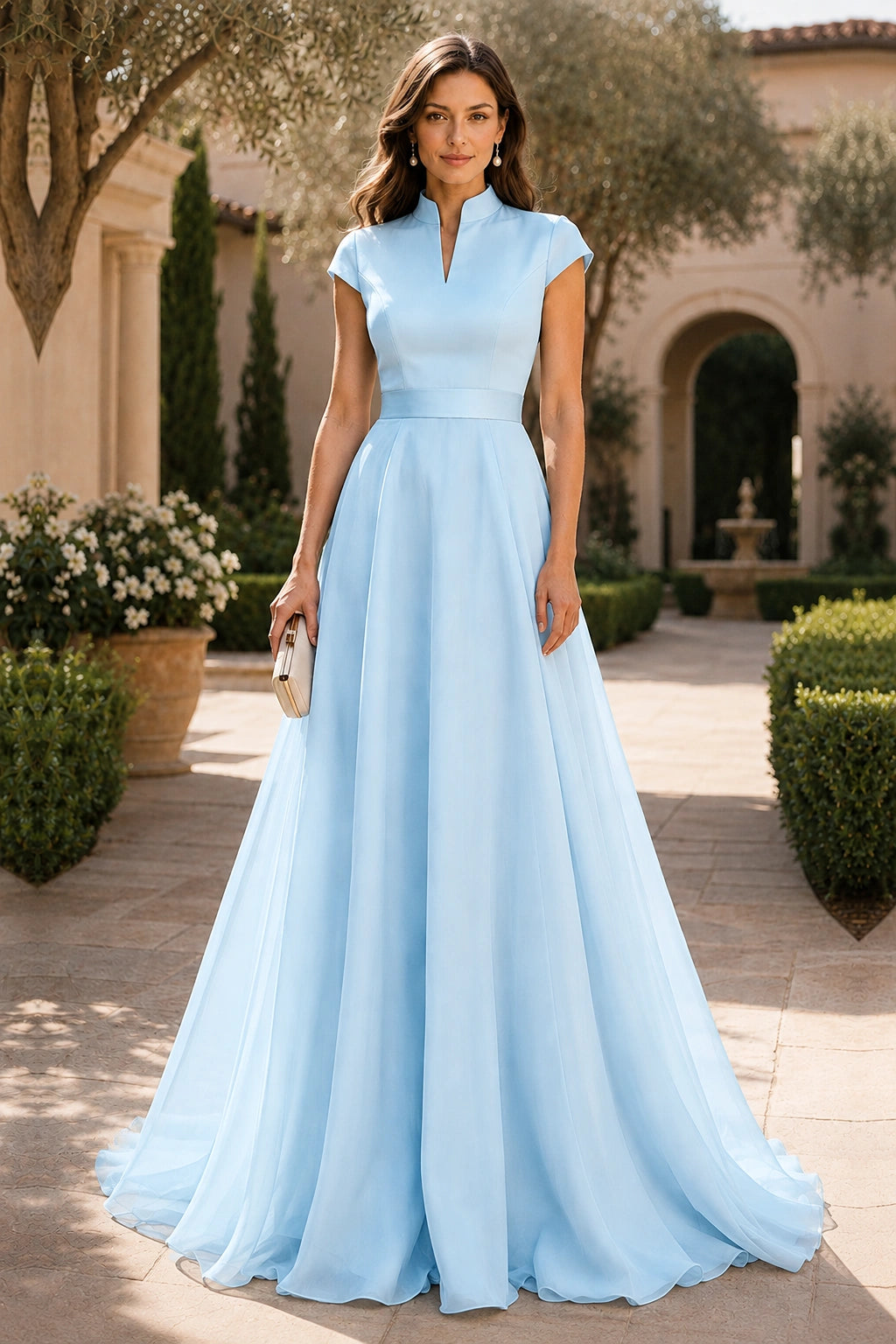 V Neck Cap Sleeve A-Line Floor-Length Satin Bridesmaid Dress