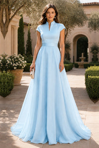 V Neck Cap Sleeve A-Line Floor-Length Satin Bridesmaid Dress