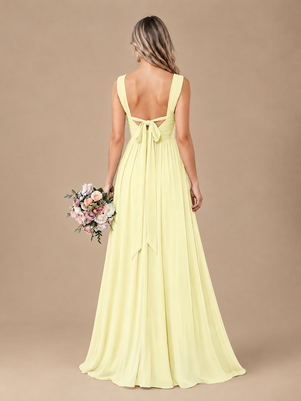 Pleated Chiffon V Neck Wedding Bridesmaid Dresses Floor Length with Slit