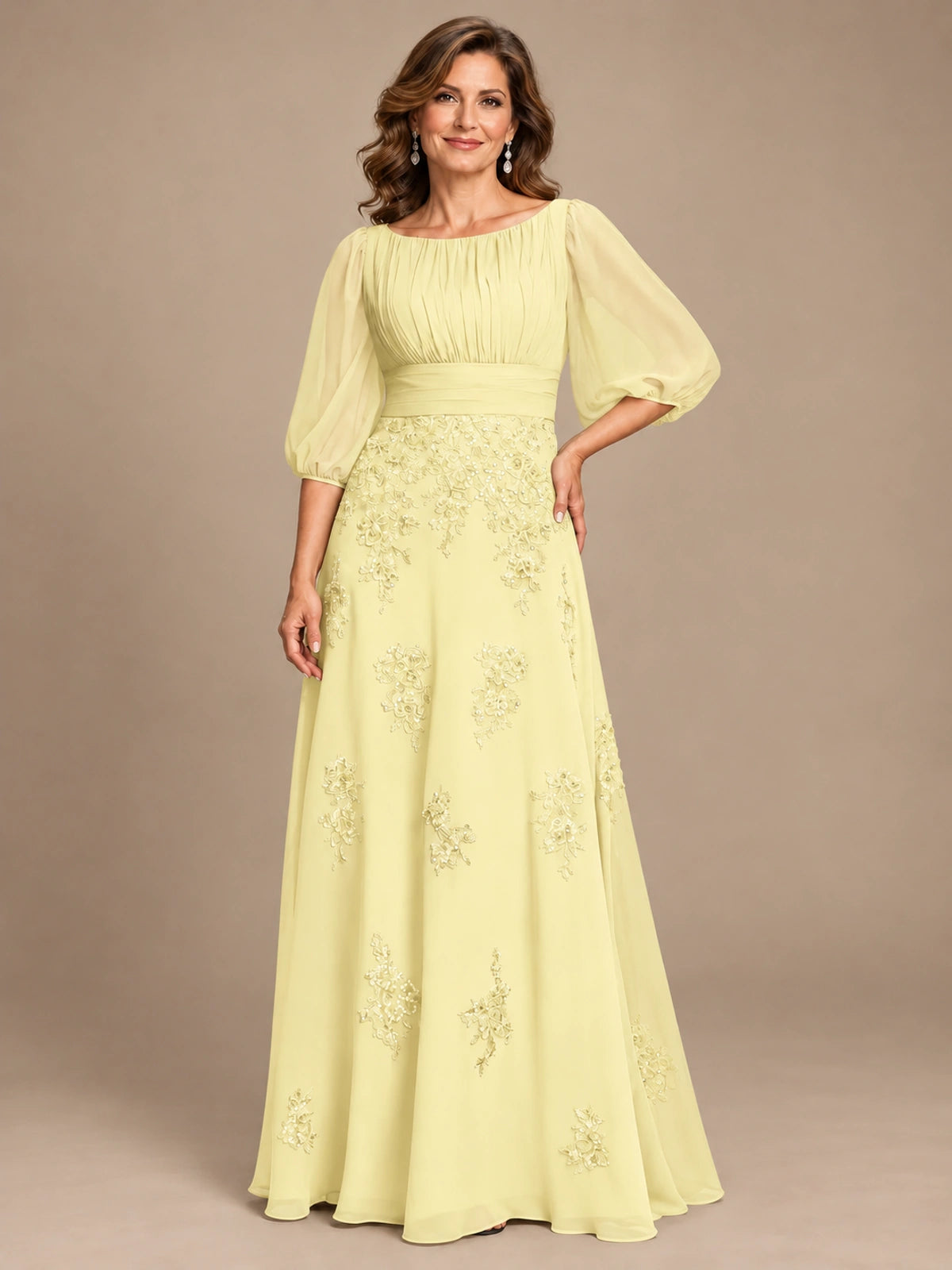 A-Line Mother of the Bride Dress with Sheer Puff Sleeves