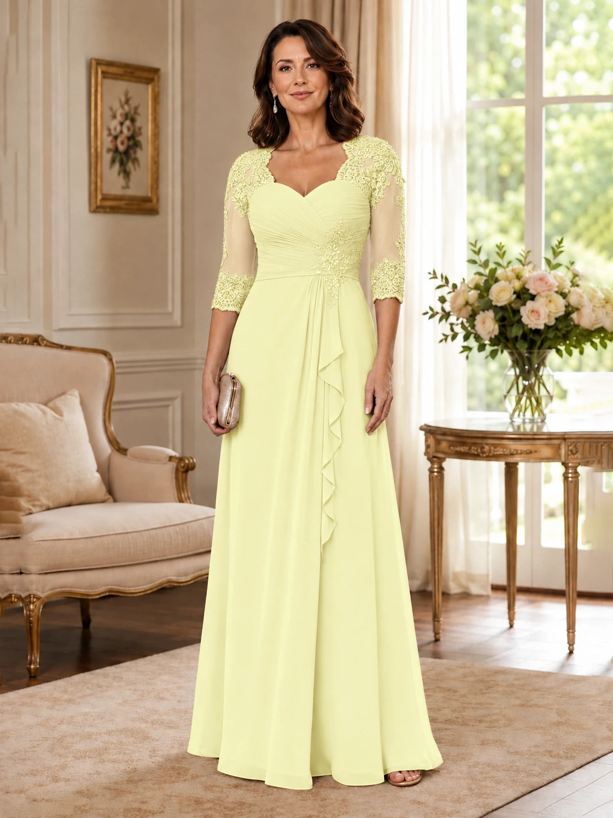 Chiffon Lace Applique Mother of the Bride Dress with 3/4 Sleeves