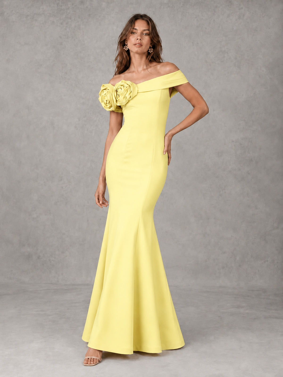 Blush Pink Off Shoulder Mermaid Bridesmaid Dress with Floral Rosette