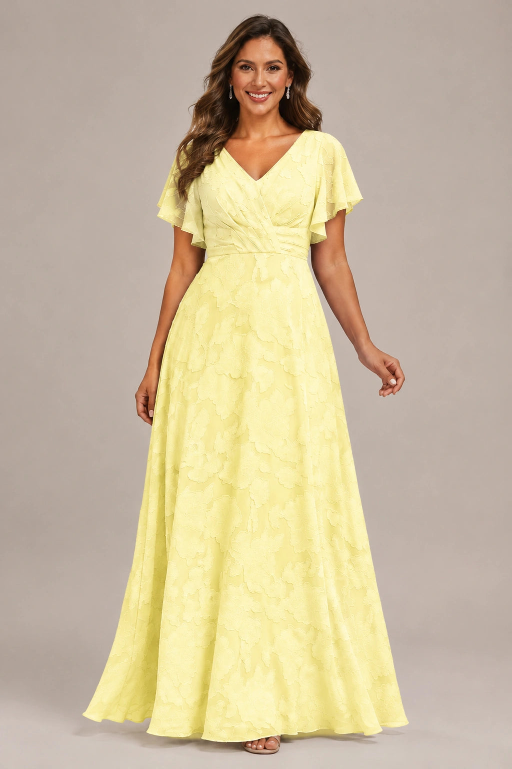 Jovellee Floral Chiffon A-Line Mother of the Bride Dress with Flutter Sleeves