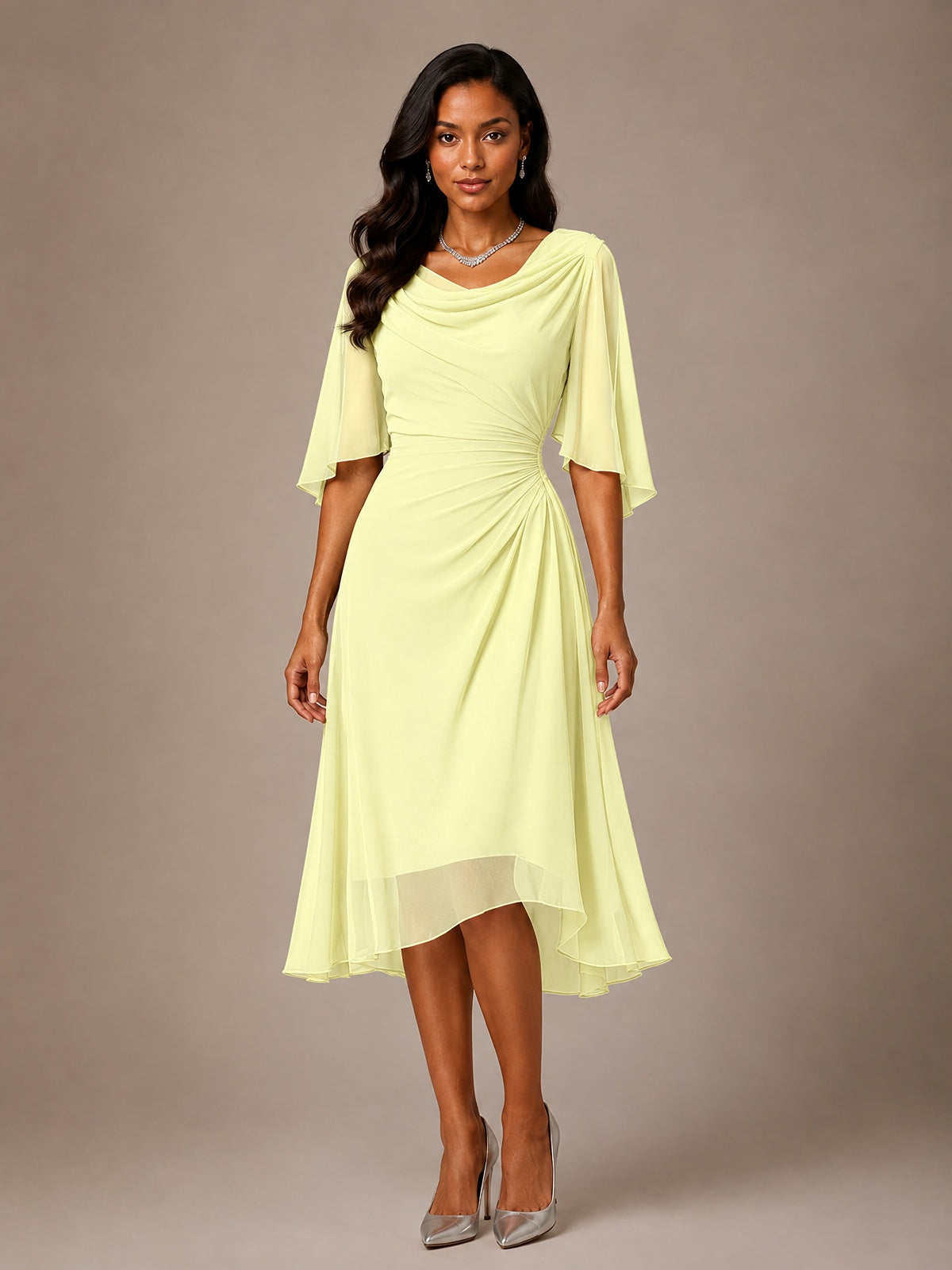 Cowl Neck Ruched Chiffon Mother of the Bride Dresses with Flutter Sleeves