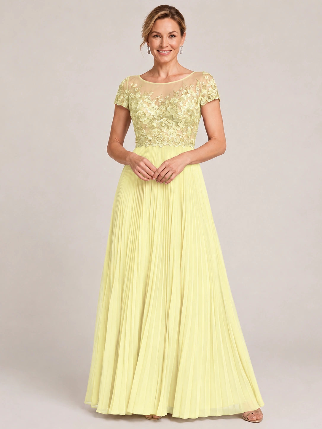 Embroidered Lace Pleated Mother of the Bride Dress