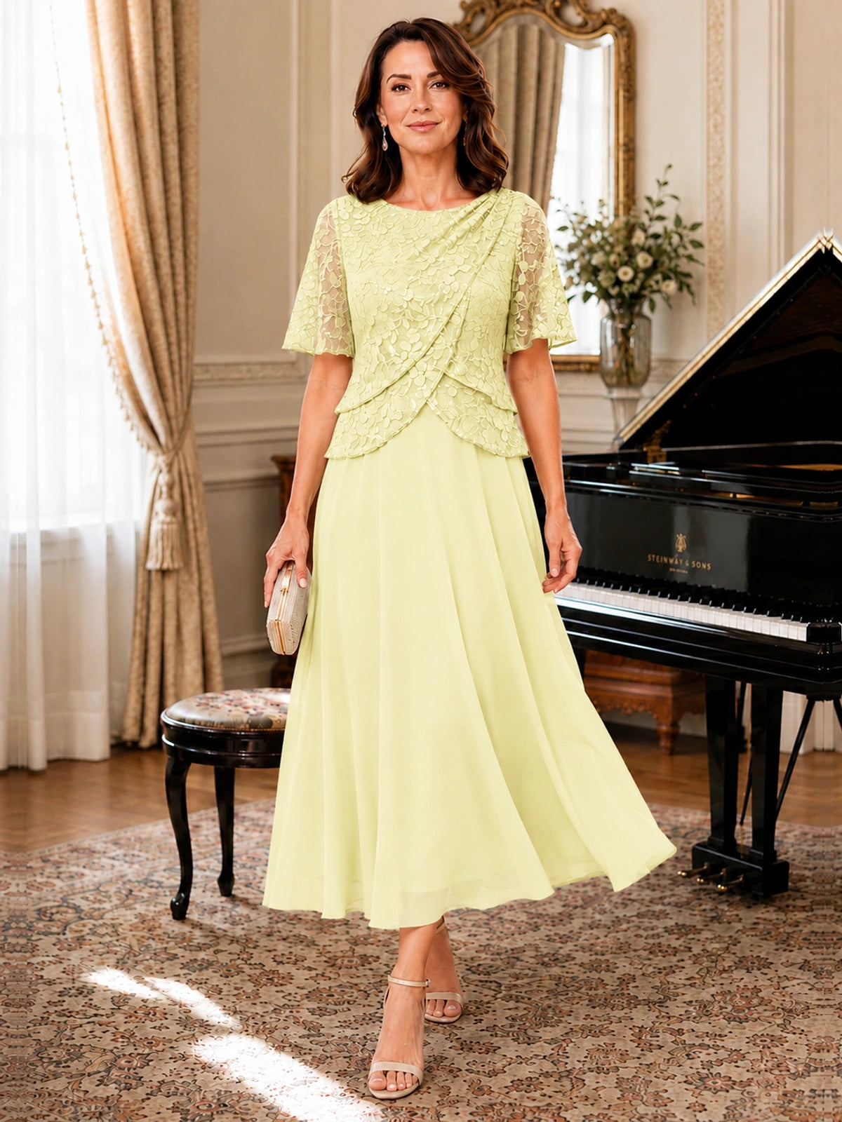 Tea-Length Chiffon Mother of the Bride Dress with Sequin Lace Sleeves