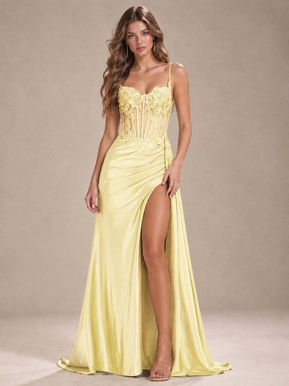 Mermaid Satin Prom Dress with Floral Appliqué Corset and High Slit