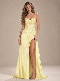 Mermaid Satin Prom Dress with Floral Appliqué Corset and High Slit