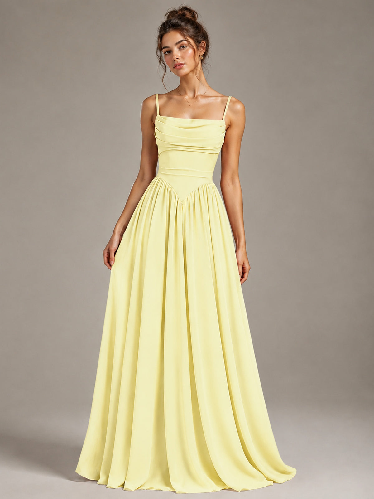 Spaghetti Strap Ruched Chiffon Maxi Dress with Backless