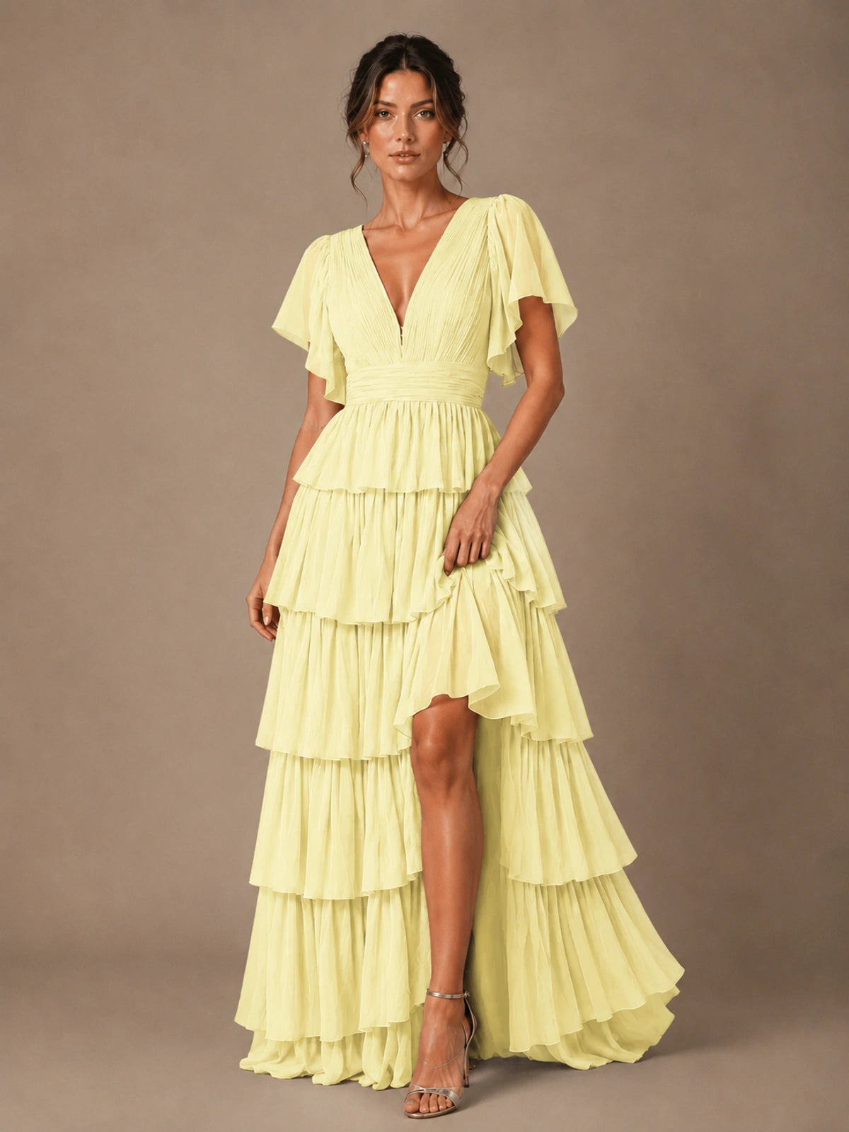 Chiffon V-Neck Tiered Ruffle Bridesmaid Dress with Slit