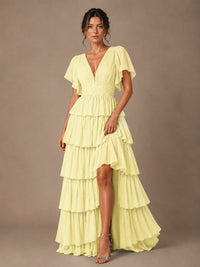 Chiffon V-Neck Tiered Ruffle Bridesmaid Dress with Slit