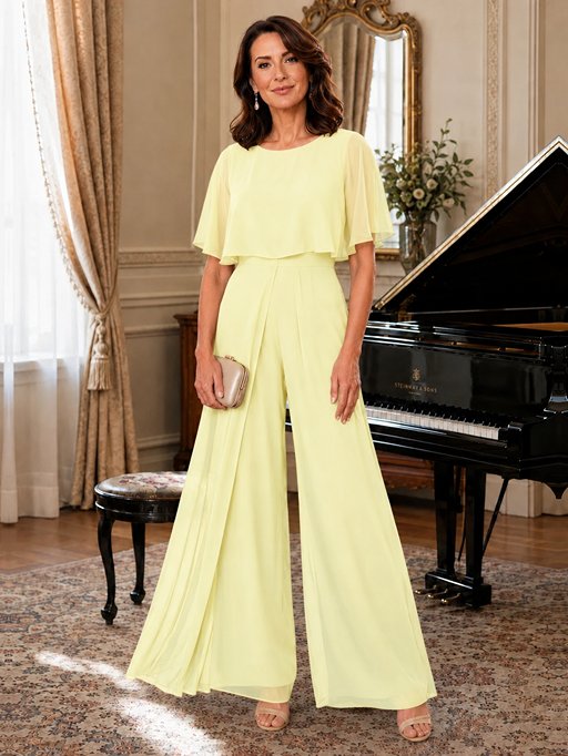 Chiffon Mother of the Bride Jumpsuit with Layered Cape Sleeves