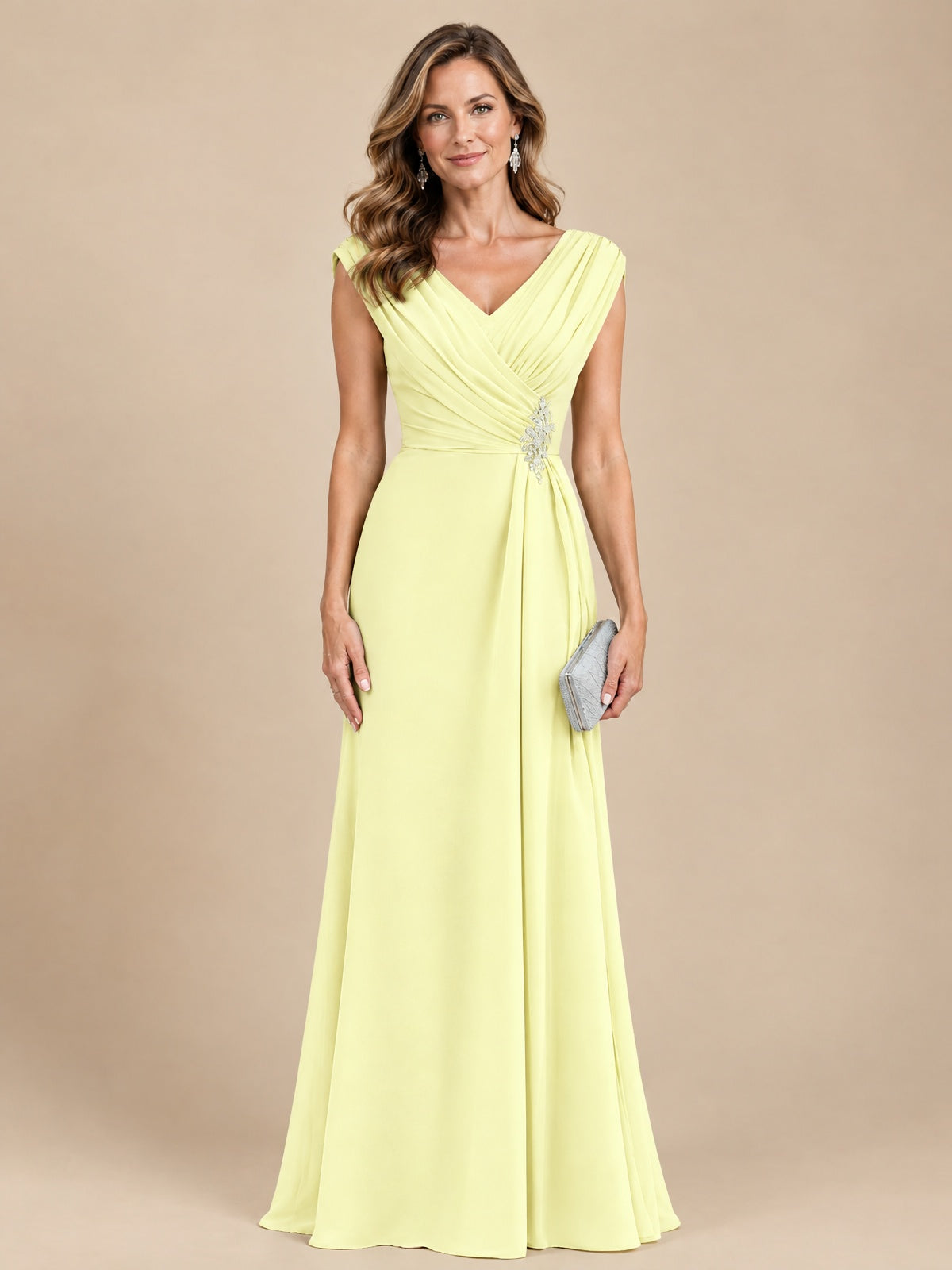 V Neck Pleated Mother of The Bride Dresses with Beading Cap Sleeves