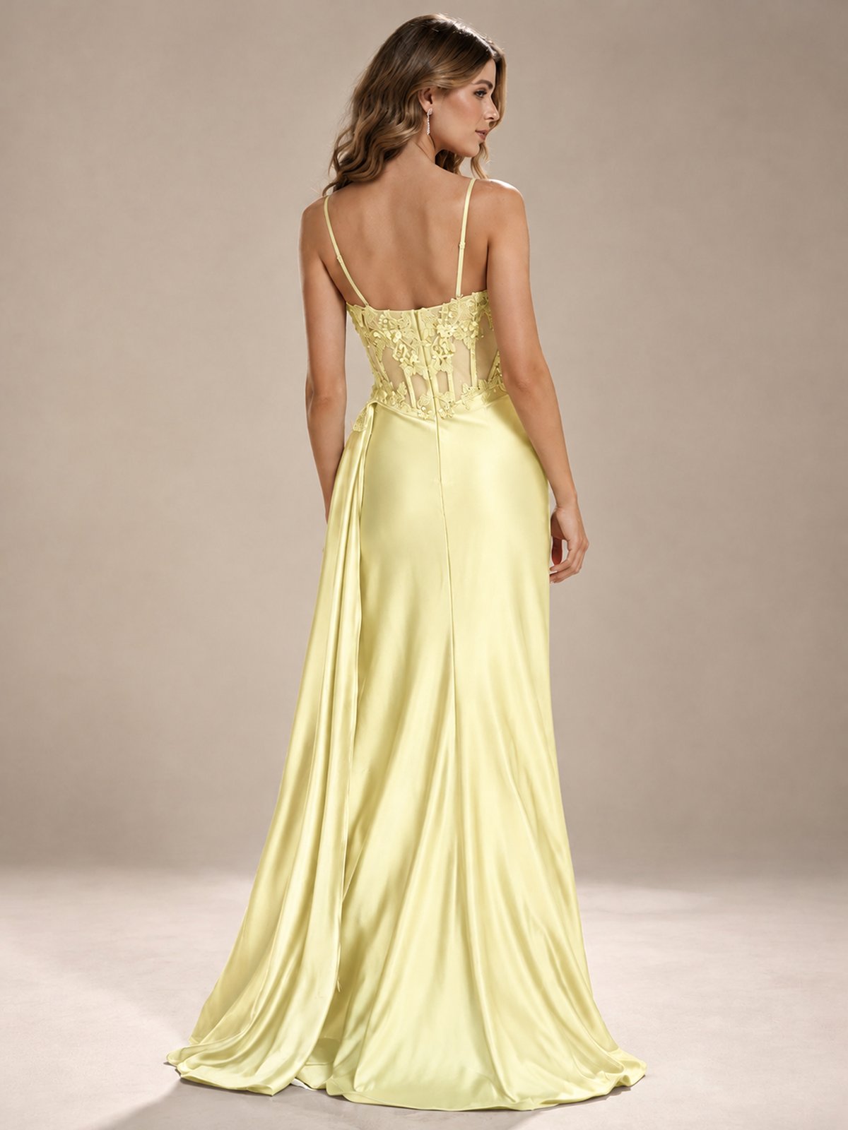 Mermaid Satin Prom Dress with Floral Appliqué Corset and High Slit